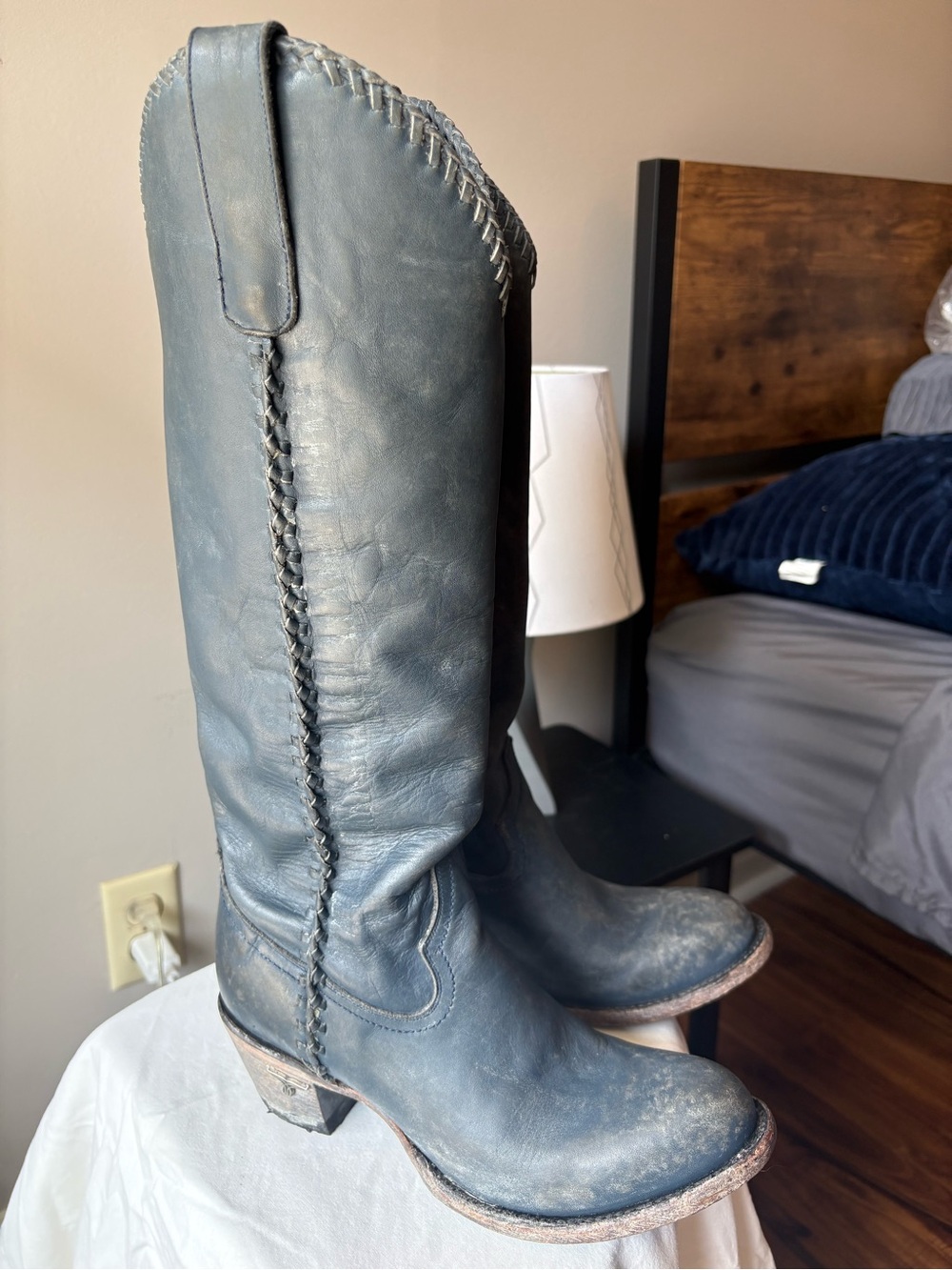 Tall Braided-Trim Leather Boots in Blue